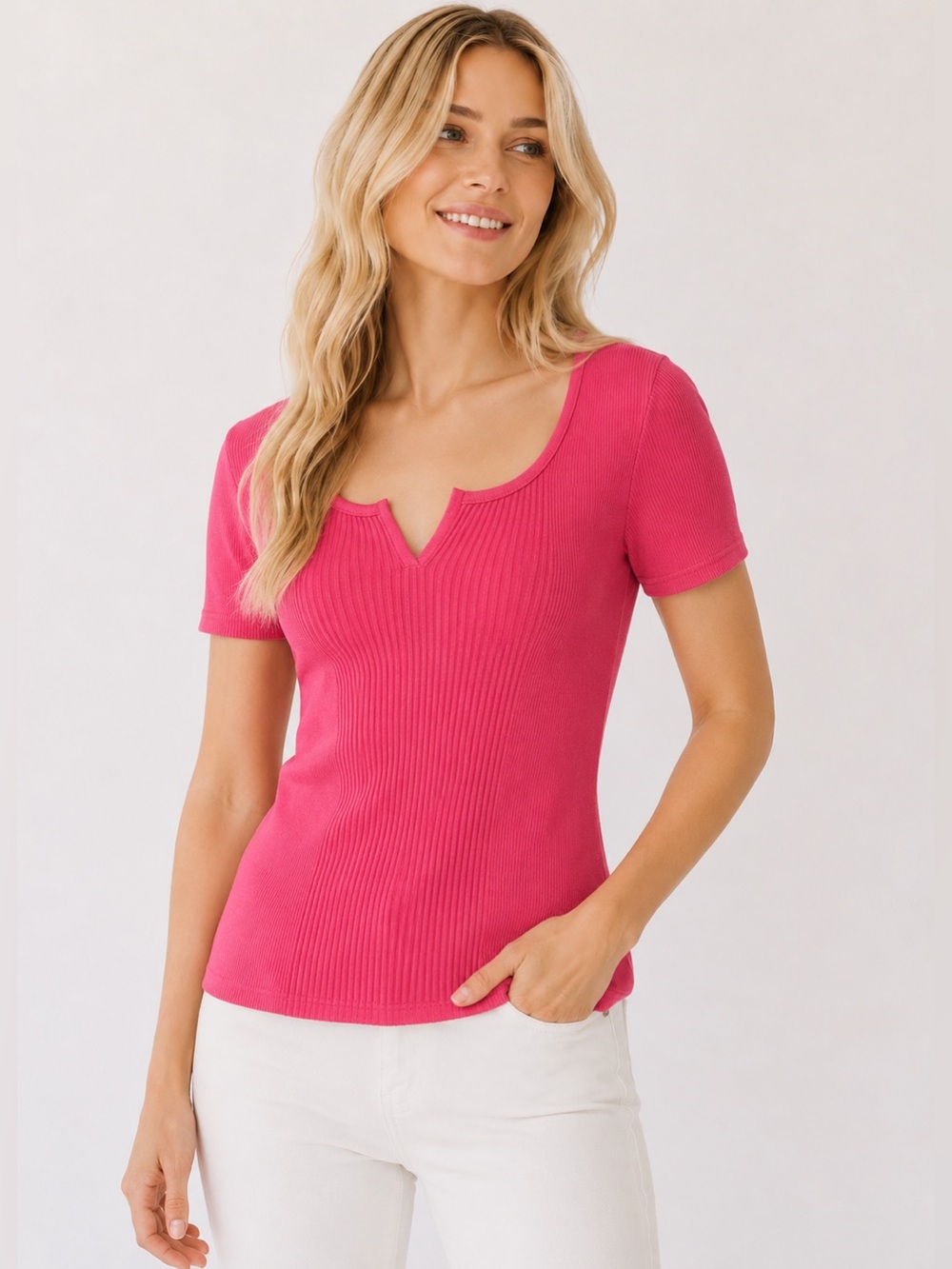 Marsh Landing Pink Ribbed Short Sleeve Top